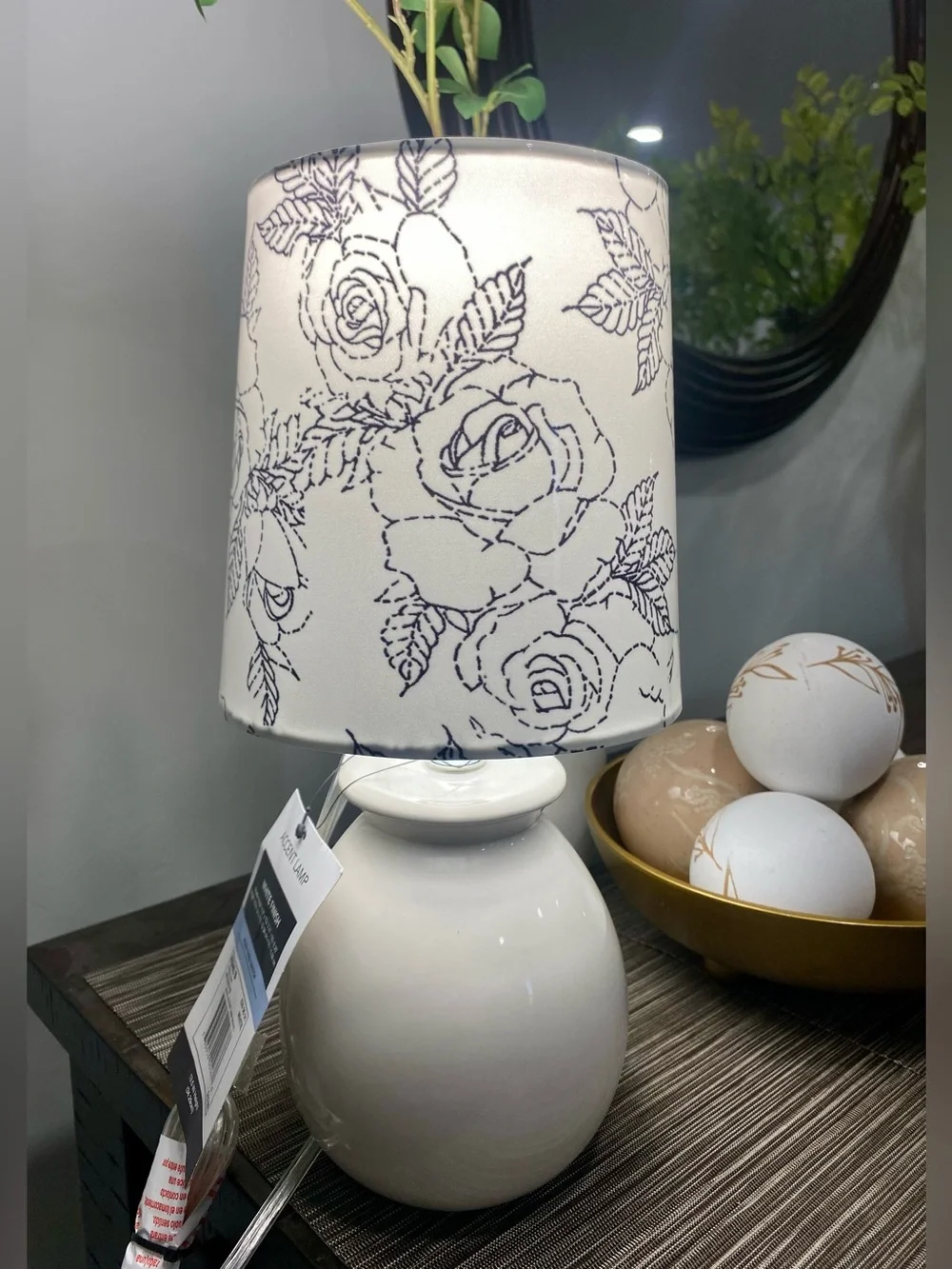 White Ceramic Table Lamp with Floral Shade by